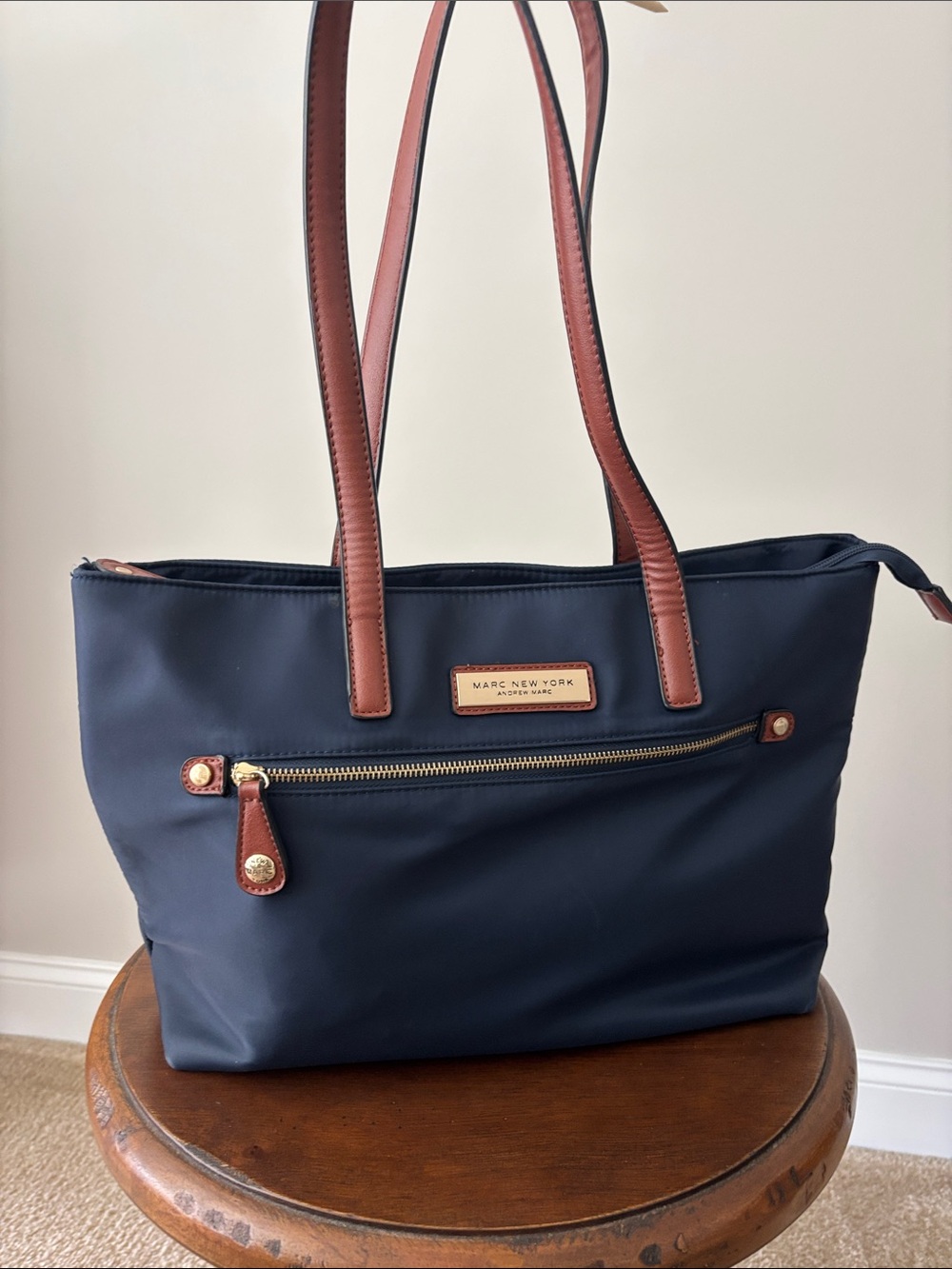 Marc New York Navy Tote with Brown Trim and Gold Accents